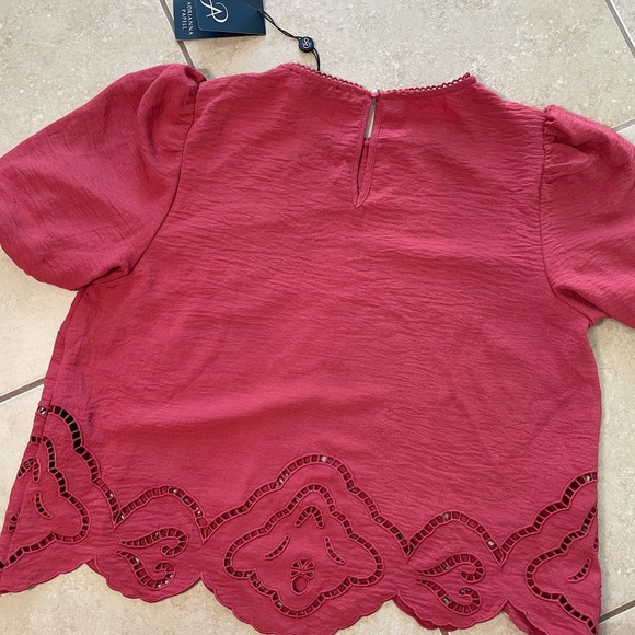New Adrianna Papell Eyelet Scallop Hem Puff Sleeve Blouse in XS Rose - Picture 7 of 13